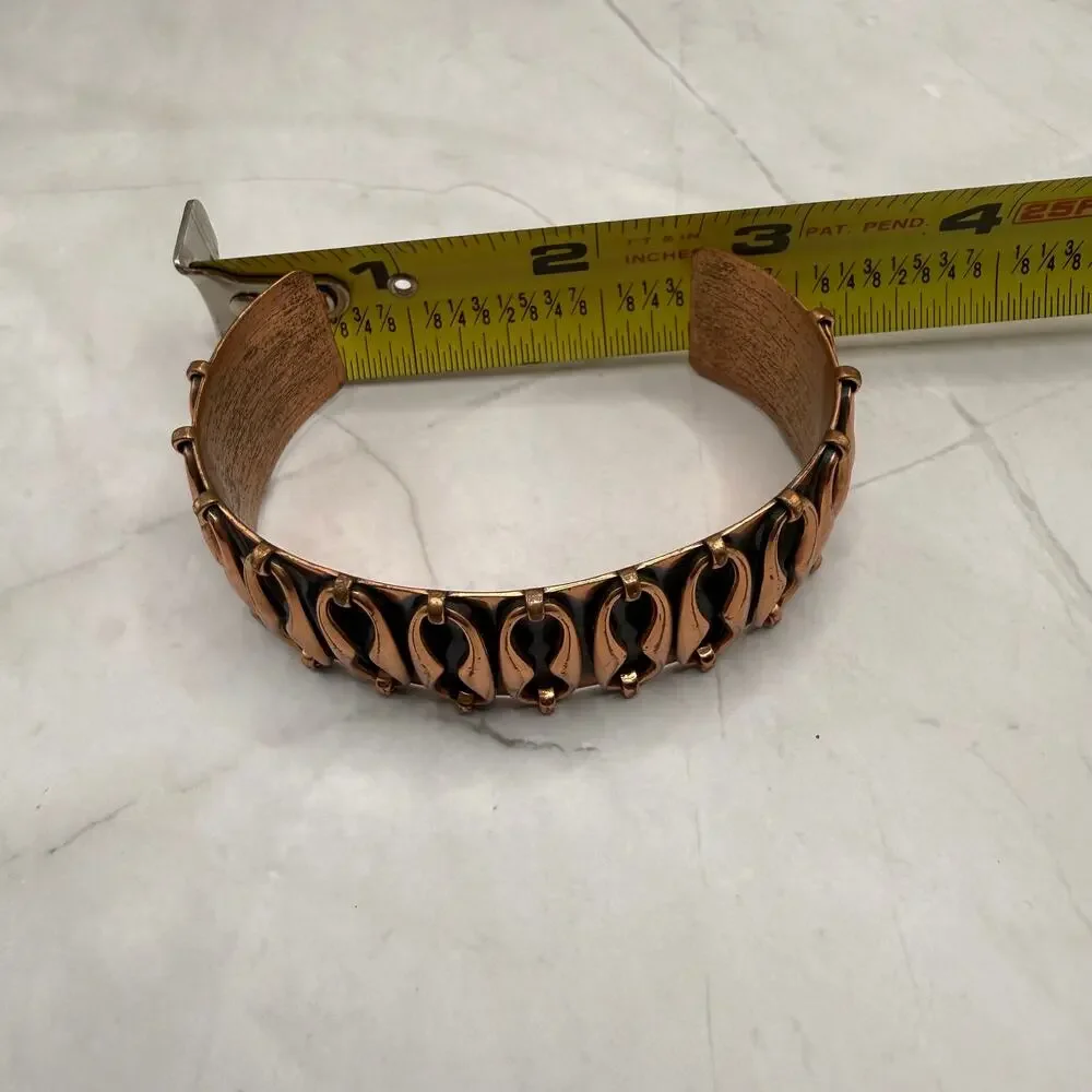 Vintage Copper Black Accent Sculptural Cuff Bracelet MCM Modernist